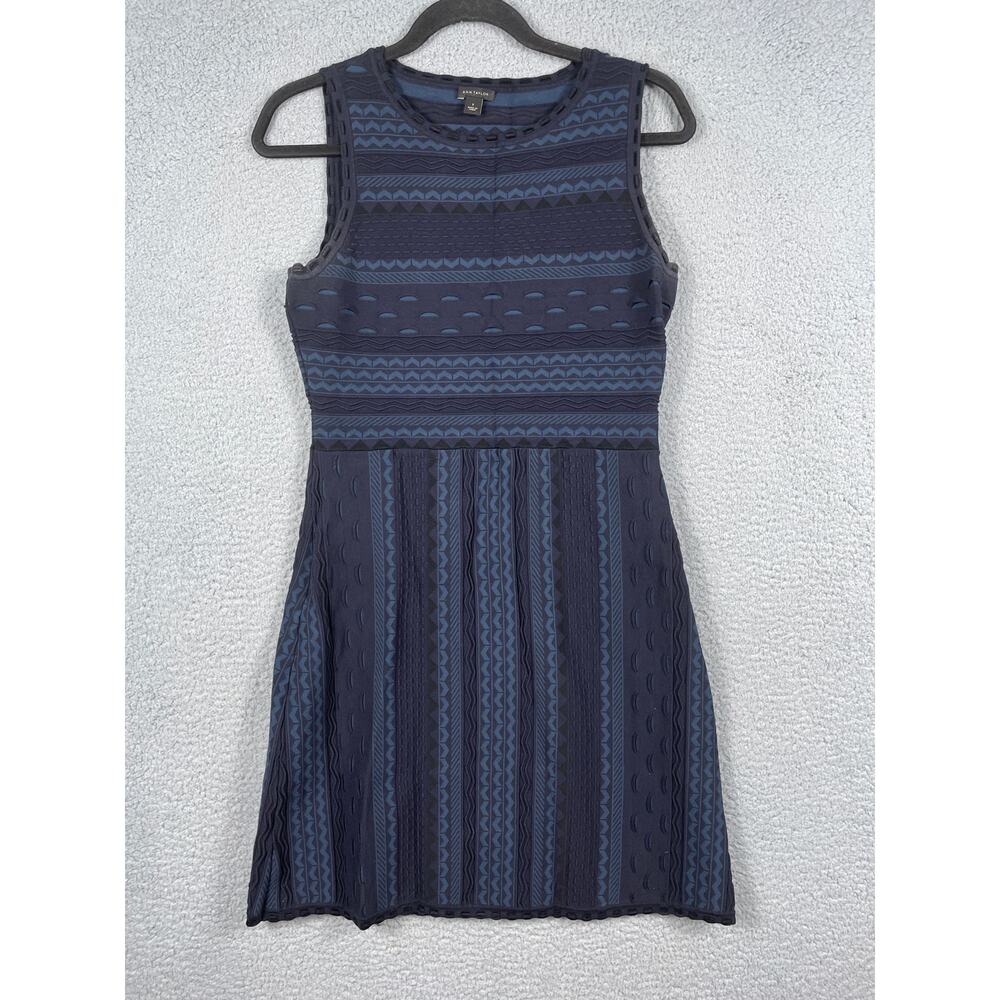 Ann Taylor Texture Stitch Flare Heavy knit Dress Navy Blue Size S Sleeveless
